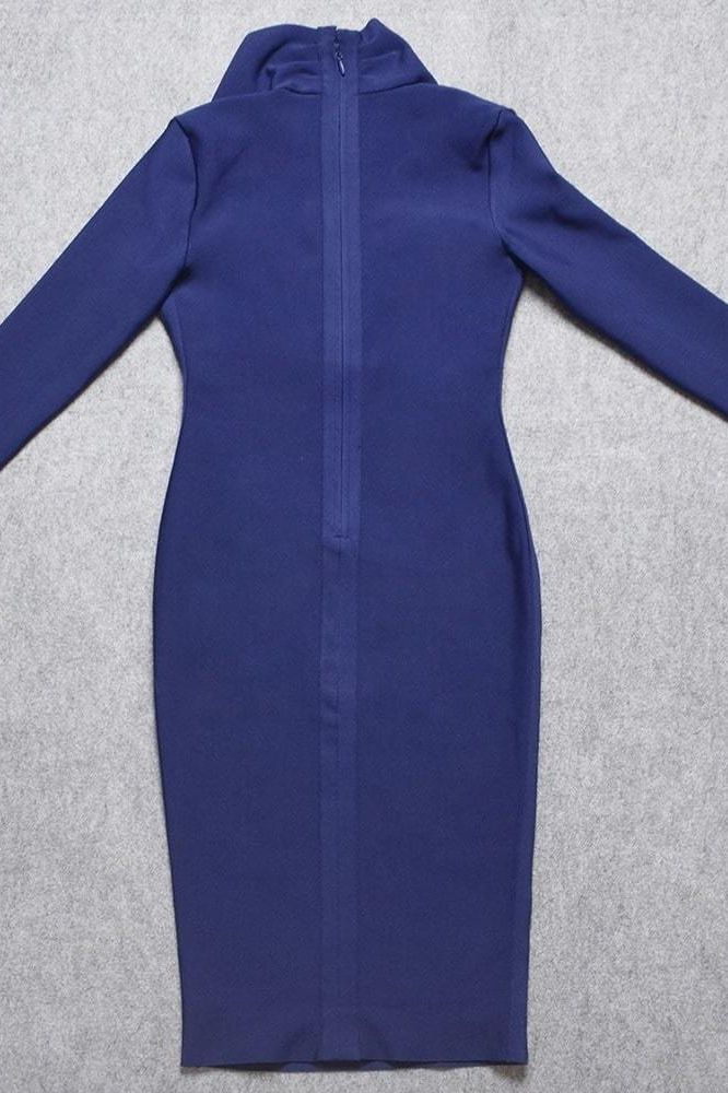 Woman wearing a figure flattering Blaire Long Sleeve Bandage Dress - Navy Blue BODYCON COLLECTION