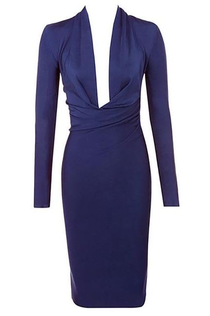 Woman wearing a figure flattering Blaire Long Sleeve Bandage Dress - Navy Blue BODYCON COLLECTION