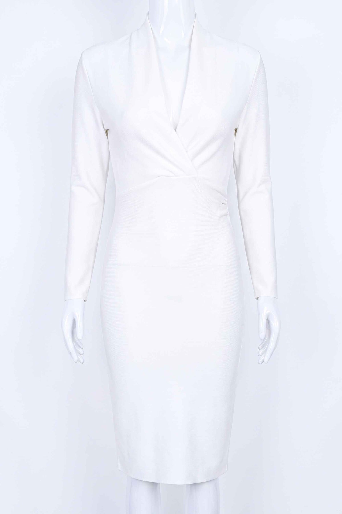 Woman wearing a figure flattering Blaire Long Sleeve Bandage Dress - Pearl White BODYCON COLLECTION