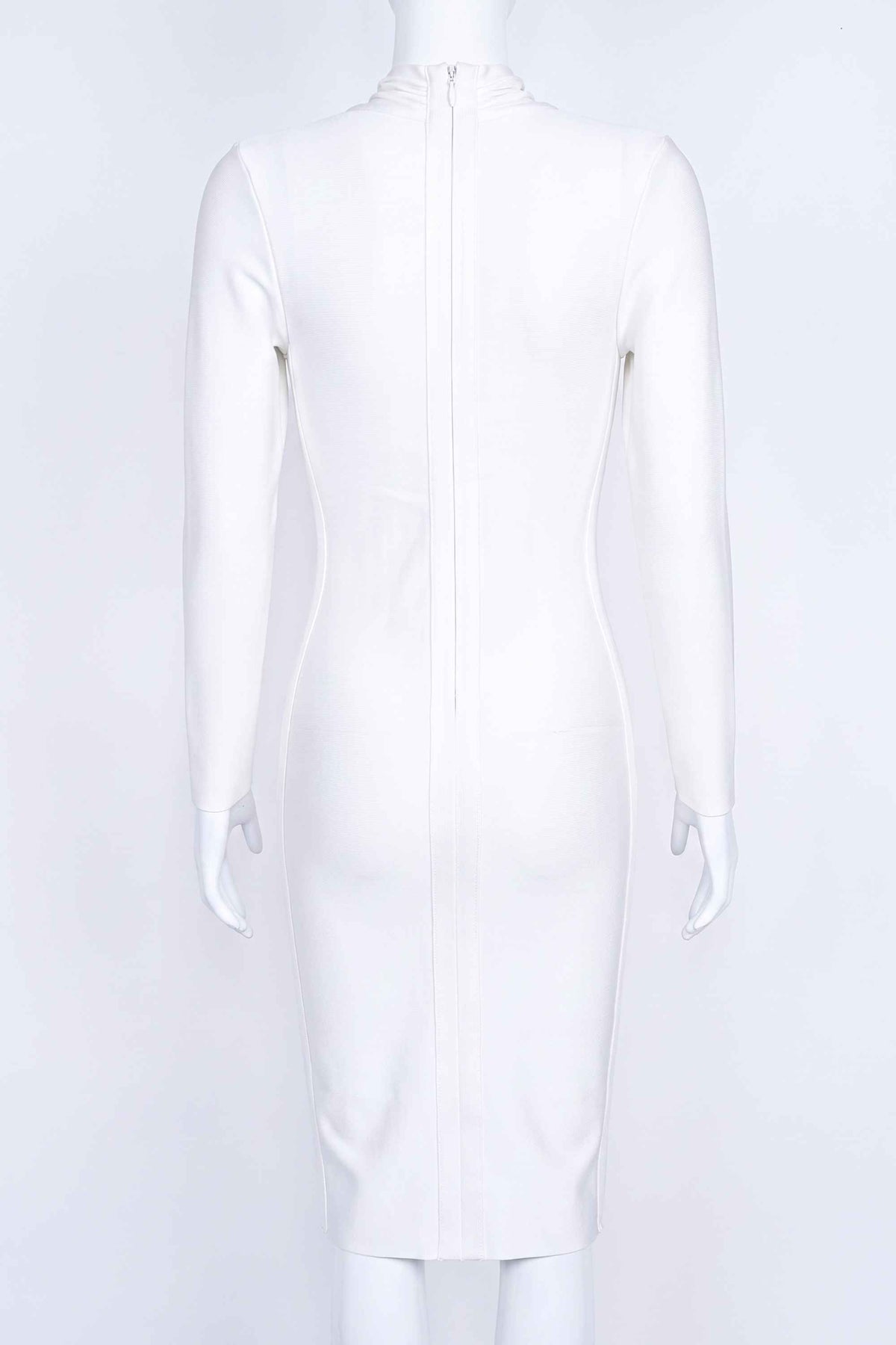 Woman wearing a figure flattering Blaire Long Sleeve Bandage Dress - Pearl White BODYCON COLLECTION