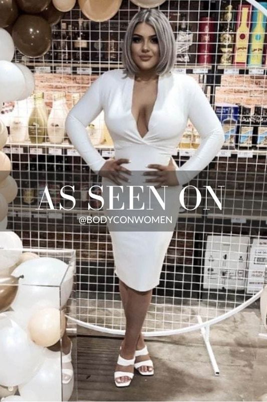 Woman wearing a figure flattering Blaire Long Sleeve Bandage Dress - Pearl White BODYCON COLLECTION
