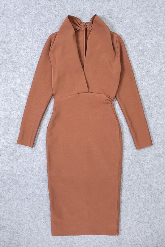 Woman wearing a figure flattering Blaire Long Sleeve Bandage Dress - Tan Brown BODYCON COLLECTION