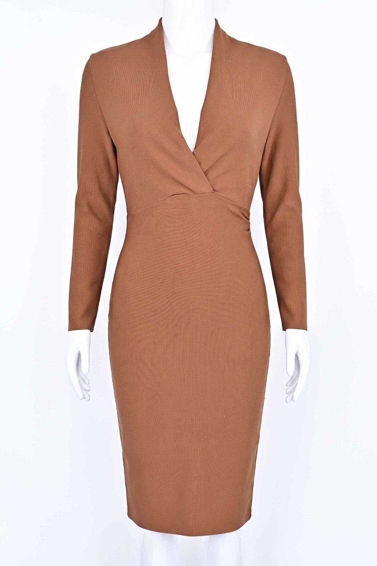 Woman wearing a figure flattering Blaire Long Sleeve Bandage Dress - Tan Brown BODYCON COLLECTION