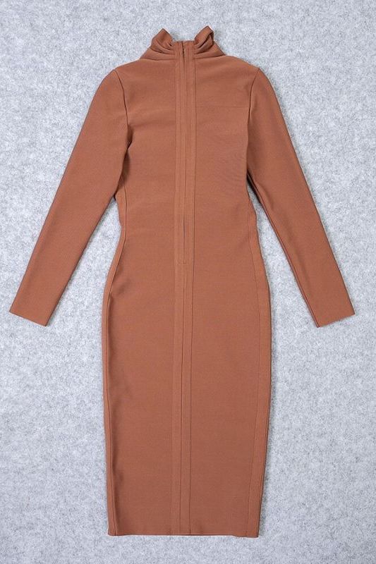 Woman wearing a figure flattering Blaire Long Sleeve Bandage Dress - Tan Brown BODYCON COLLECTION