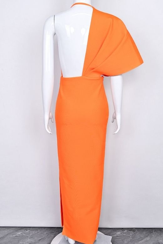 Woman wearing a figure flattering Blake Bandage Maxi Dress - Apricot Orange BODYCON COLLECTION