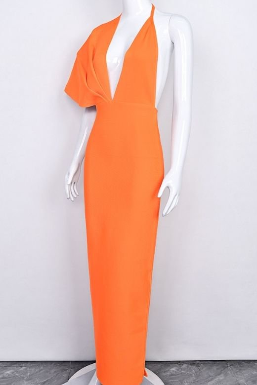Woman wearing a figure flattering Blake Bandage Maxi Dress - Apricot Orange BODYCON COLLECTION