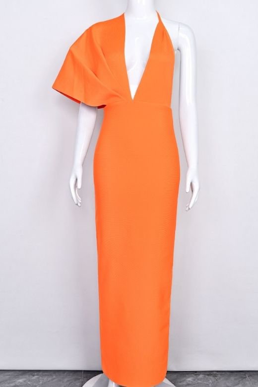 Woman wearing a figure flattering Blake Bandage Maxi Dress - Apricot Orange BODYCON COLLECTION