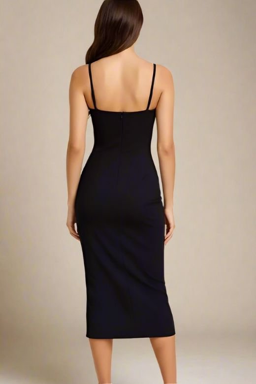 Woman wearing a figure flattering Blanche Bandage Midi Dress - Classic Black BODYCON COLLECTION