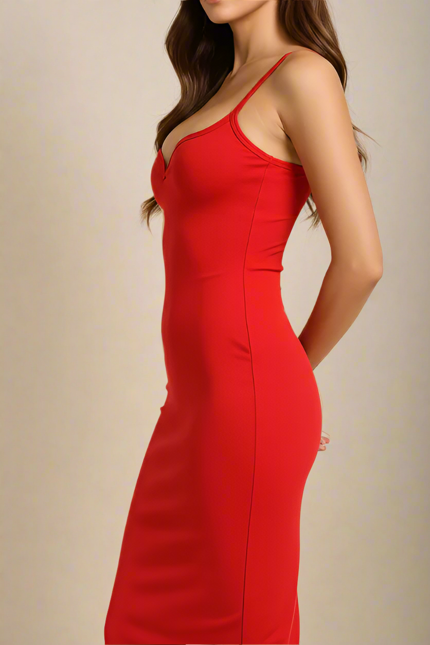 Woman wearing a figure flattering Blanche Bandage Midi Dress - Lipstick Red BODYCON COLLECTION