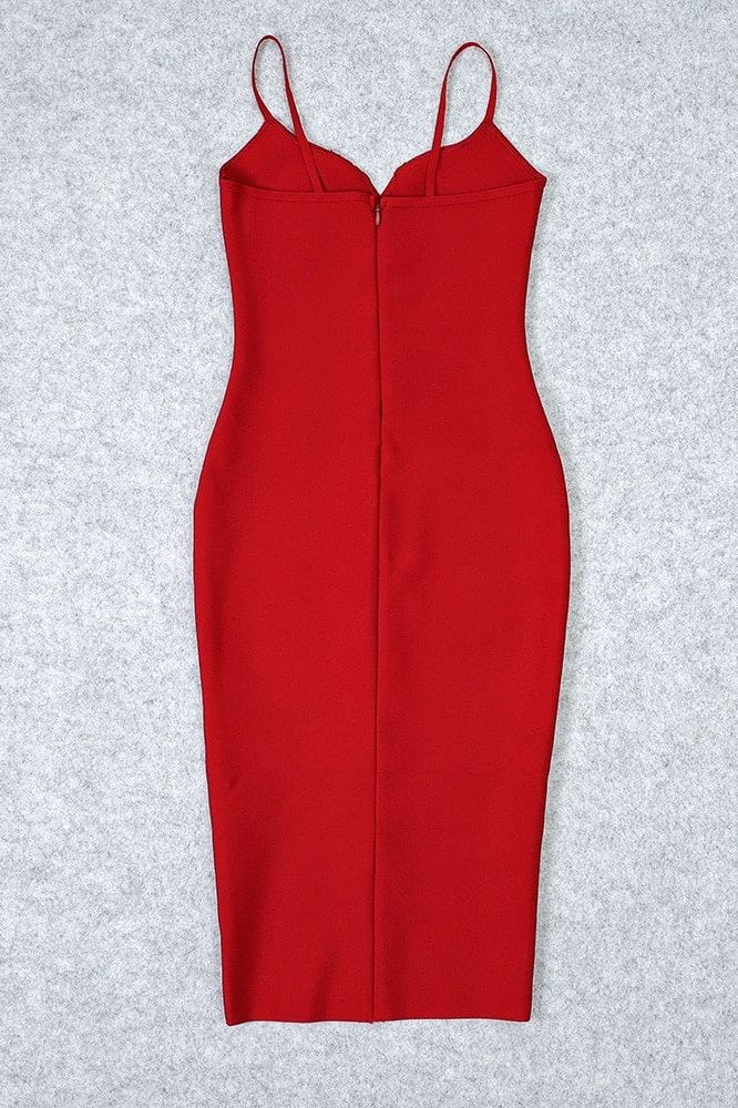 Woman wearing a figure flattering Blanche Bandage Midi Dress - Lipstick Red BODYCON COLLECTION