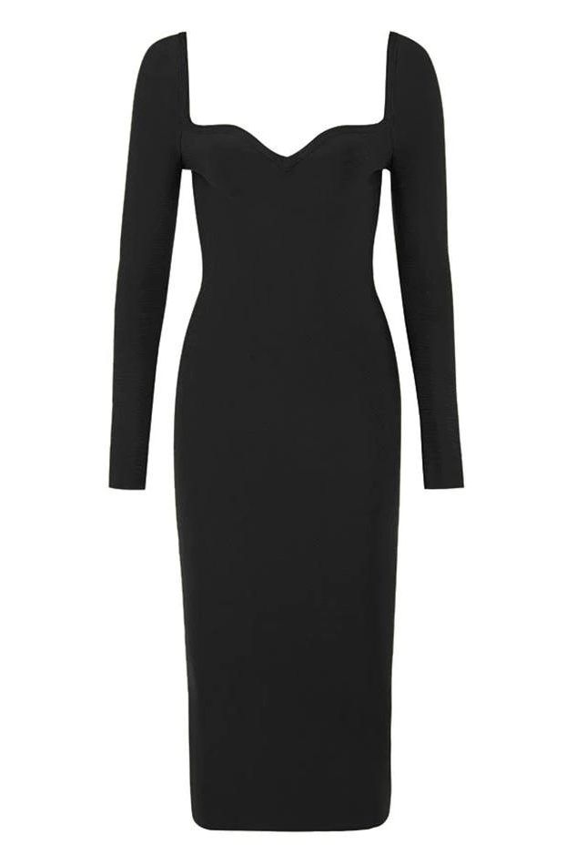 Woman wearing a figure flattering Blanche Long Sleeve Bandage Midi Dress - Classic Black BODYCON COLLECTION