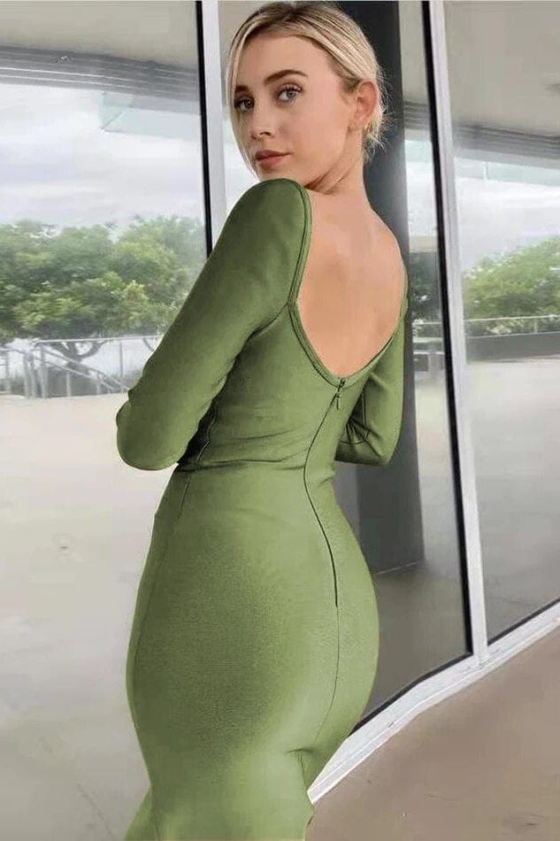 Woman wearing a figure flattering Blanche Long Sleeve Bandage Midi Dress - Classic Black BODYCON COLLECTION