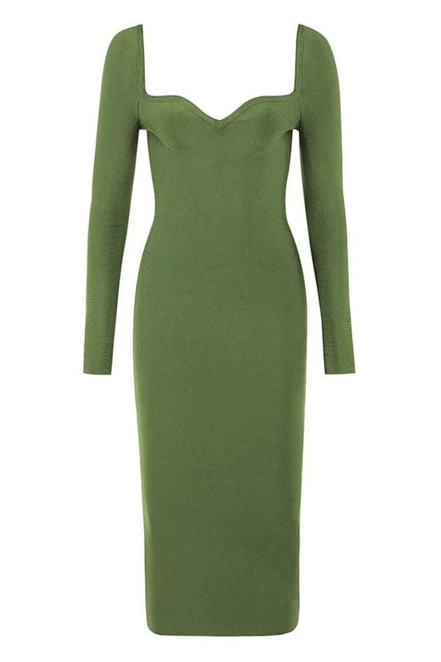 Woman wearing a figure flattering Blanche Long Sleeve Bandage Midi Dress - Olive Green BODYCON COLLECTION