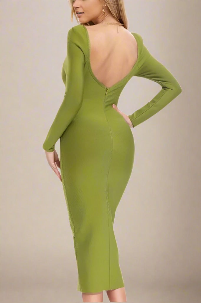 Woman wearing a figure flattering Blanche Long Sleeve Bandage Midi Dress - Olive Green BODYCON COLLECTION
