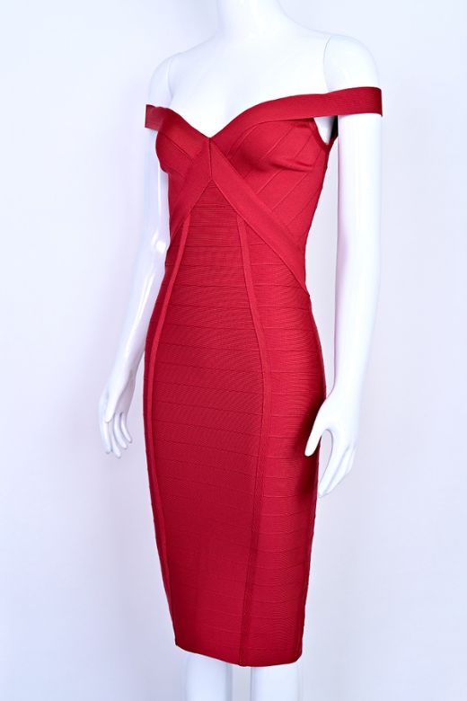 Woman wearing a figure flattering Breanna Bandage Dress - Chilli Red BODYCON COLLECTION