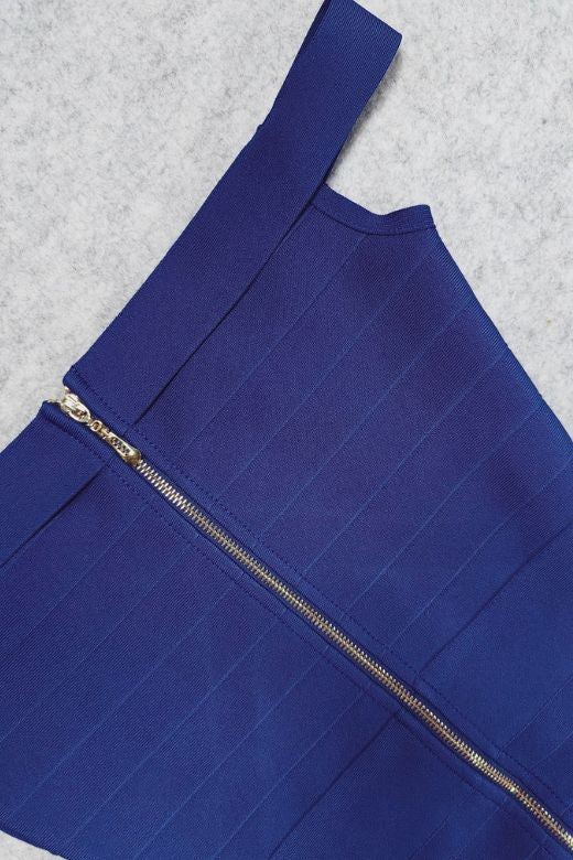 Woman wearing a figure flattering Breanna Bandage Dress - Navy Blue BODYCON COLLECTION