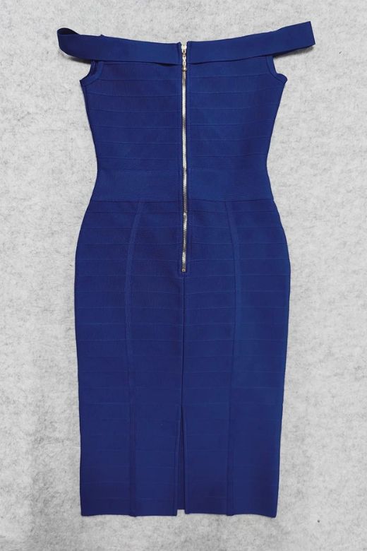 Woman wearing a figure flattering Breanna Bandage Dress - Navy Blue BODYCON COLLECTION