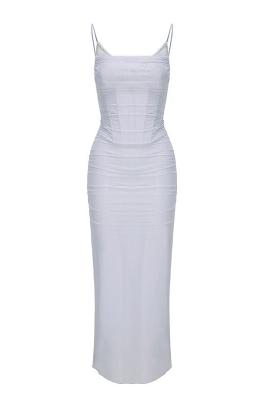 Woman wearing a figure flattering Brianna Bodycon Wrap Maxi Dress - Steel Grey BODYCON COLLECTION