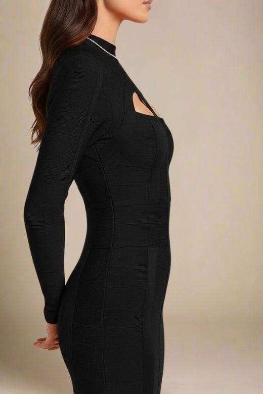 Woman wearing a figure flattering Brooke Long Sleeve Bandage Dress - Classic Black BODYCON COLLECTION