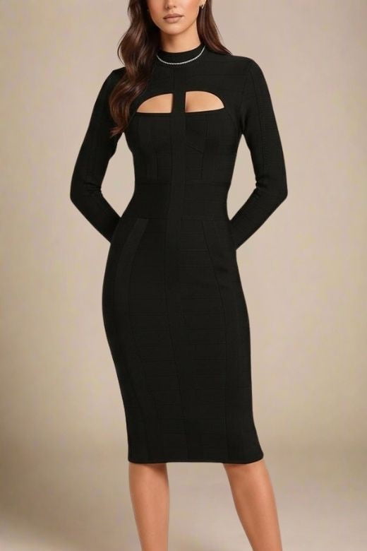 Woman wearing a figure flattering Brooke Long Sleeve Bandage Dress - Classic Black BODYCON COLLECTION