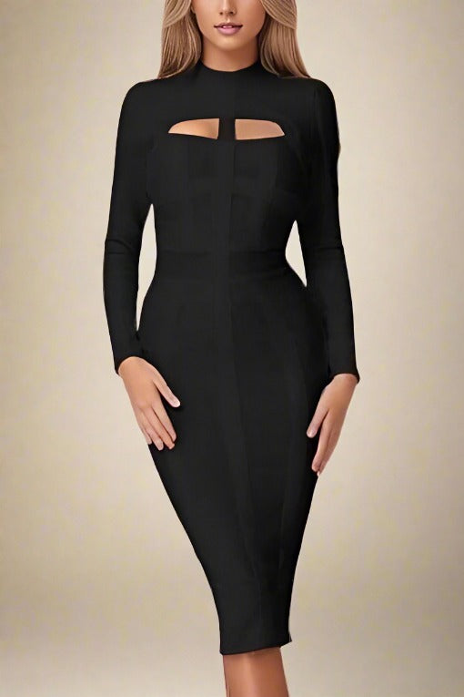 Woman wearing a figure flattering Brooke Long Sleeve Bandage Dress - Classic Black BODYCON COLLECTION