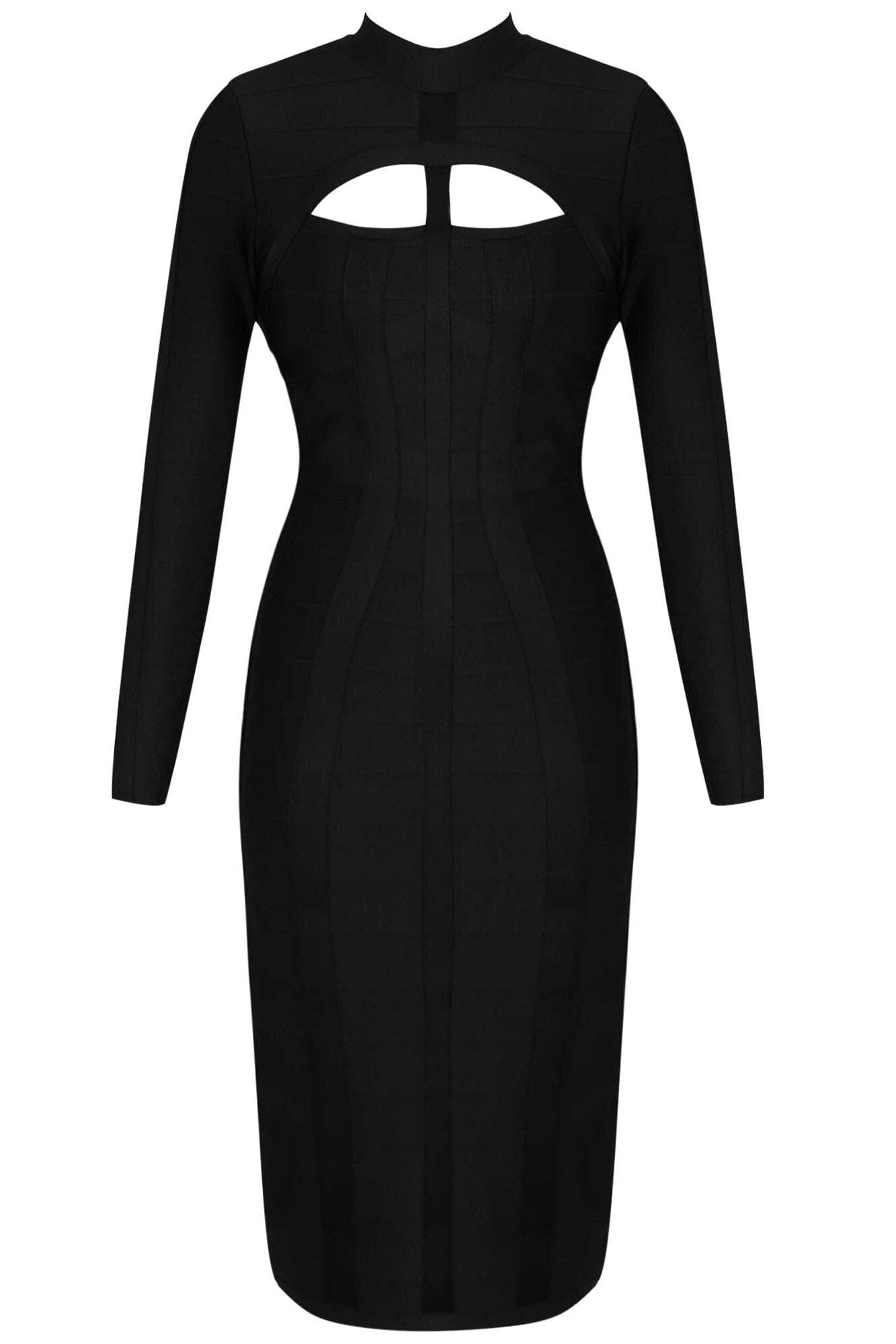 Woman wearing a figure flattering Brooke Long Sleeve Bandage Dress - Classic Black BODYCON COLLECTION