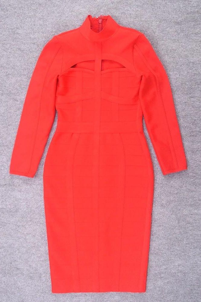 Woman wearing a figure flattering Brooke Long Sleeve Bandage Dress - Lipstick Red BODYCON COLLECTION