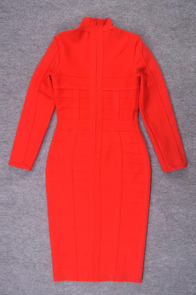 Woman wearing a figure flattering Brooke Long Sleeve Bandage Dress - Lipstick Red BODYCON COLLECTION