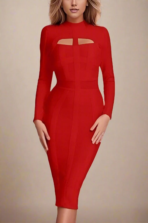 Woman wearing a figure flattering Brooke Long Sleeve Bandage Dress - Lipstick Red BODYCON COLLECTION
