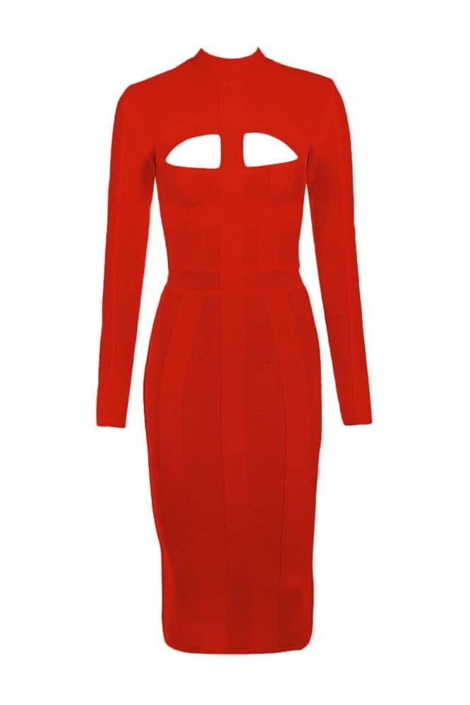 Woman wearing a figure flattering Brooke Long Sleeve Bandage Dress - Lipstick Red BODYCON COLLECTION