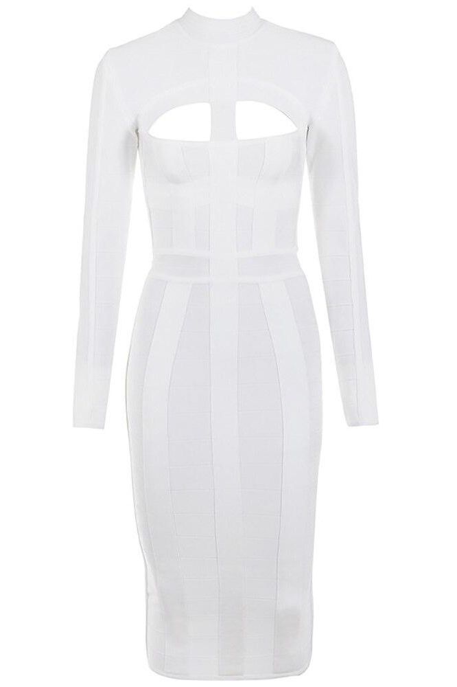 Woman wearing a figure flattering Brooke Long Sleeve Bandage Dress - Pearl White BODYCON COLLECTION