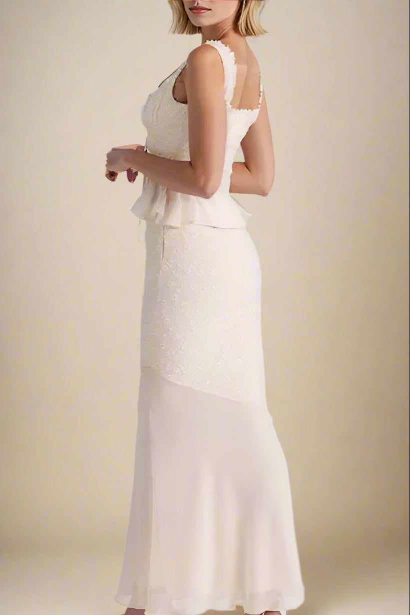Woman wearing a figure flattering Cali Wrap Top and Maxi Skirt Set - Ivory White BODYCON COLLECTION