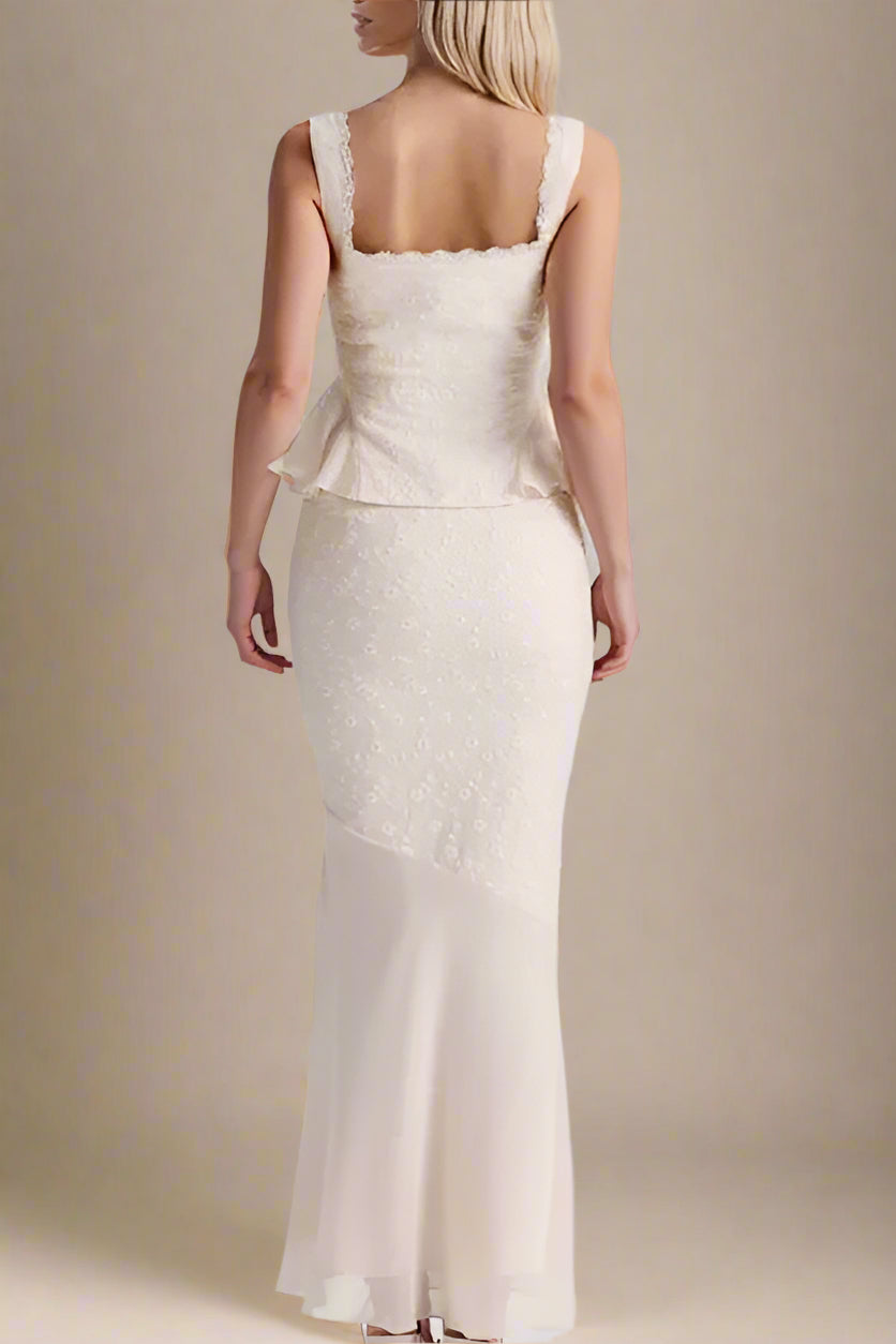 Woman wearing a figure flattering Cali Wrap Top and Maxi Skirt Set - Ivory White BODYCON COLLECTION