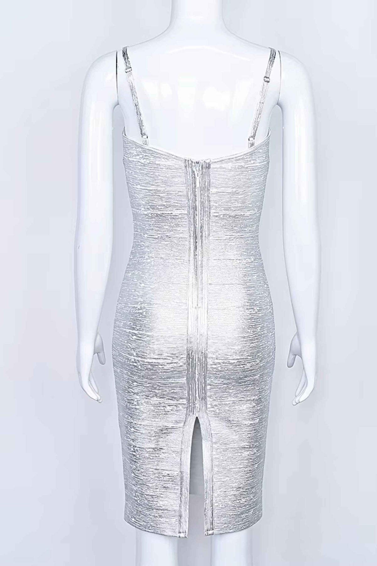 Woman wearing a figure flattering Camila Bandage Dress - Silver BODYCON COLLECTION Pty Ltd