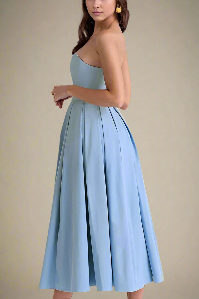 Woman wearing a figure flattering Capri Bodycon Strapless Midi Dress - Sky Blue BODYCON COLLECTION