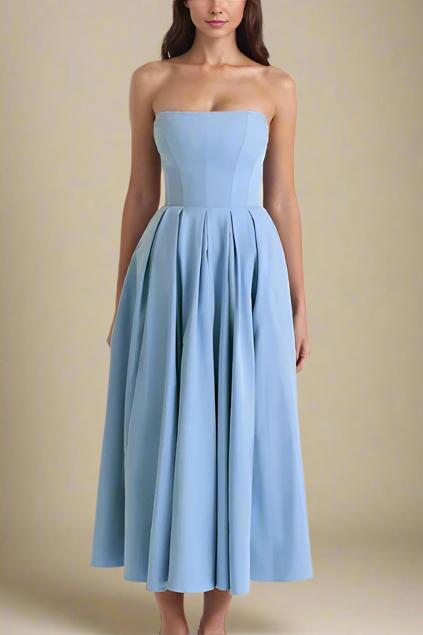 Woman wearing a figure flattering Capri Bodycon Strapless Midi Dress - Sky Blue BODYCON COLLECTION