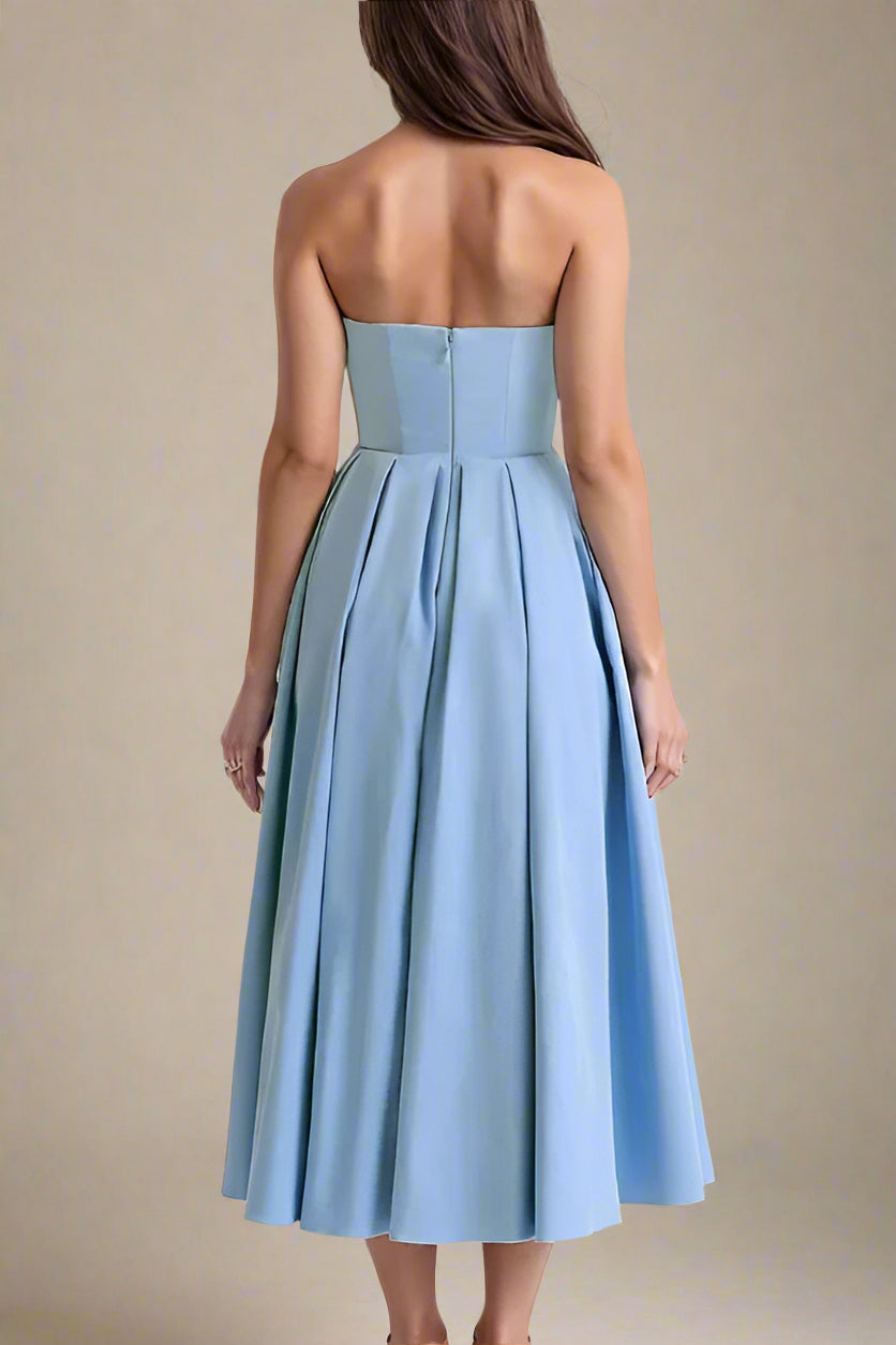 Woman wearing a figure flattering Capri Bodycon Strapless Midi Dress - Sky Blue BODYCON COLLECTION