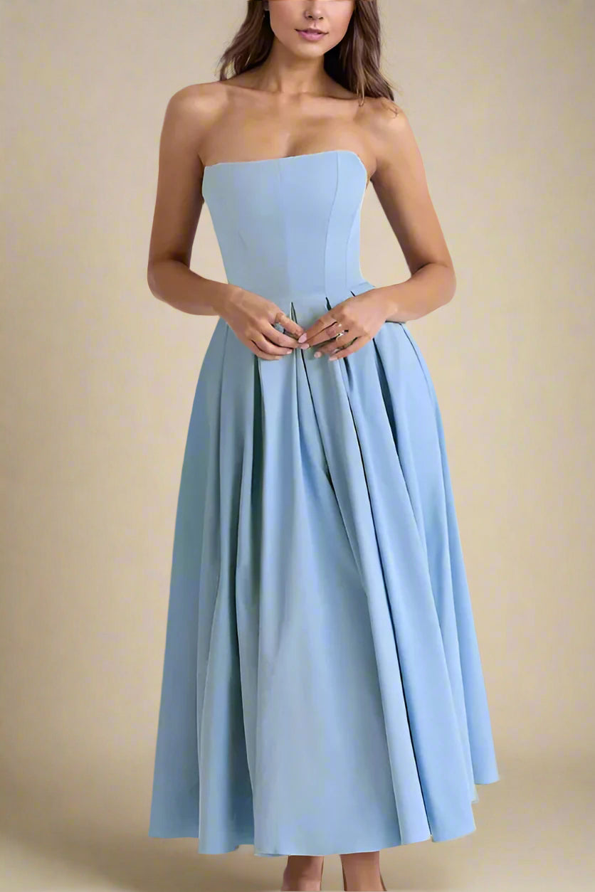 Woman wearing a figure flattering Capri Bodycon Strapless Midi Dress - Sky Blue BODYCON COLLECTION