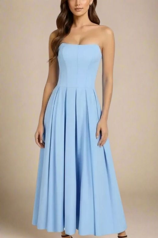 Woman wearing a figure flattering Capri Bodycon Strapless Midi Dress - Sky Blue BODYCON COLLECTION