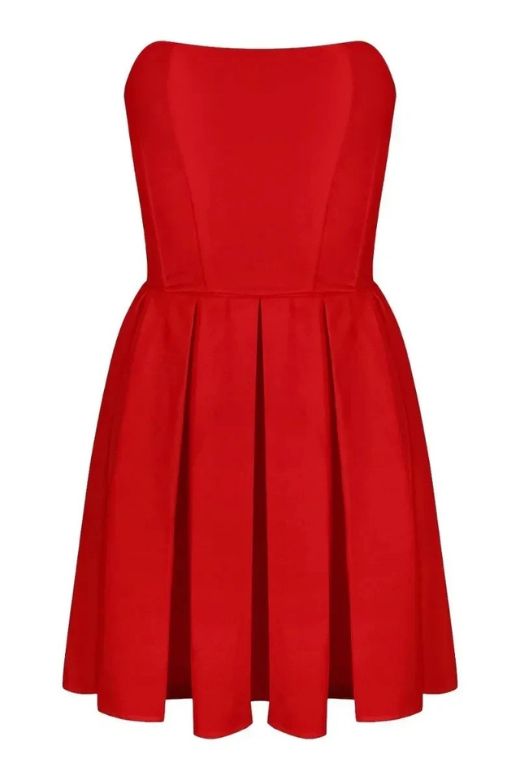 Woman wearing a figure flattering Capri Bodycon Strapless Mini Dress - Lipstick Red BODYCON COLLECTION
