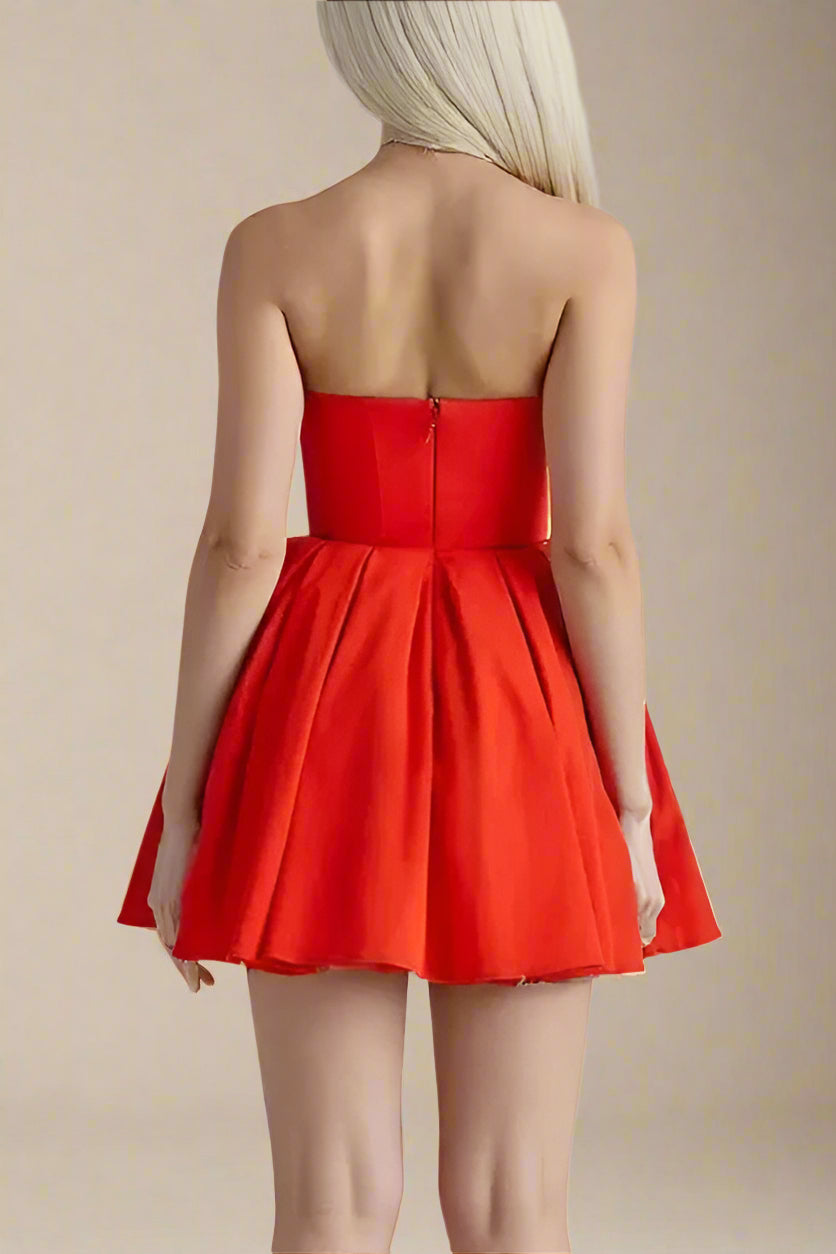 Woman wearing a figure flattering Capri Bodycon Strapless Mini Dress - Lipstick Red BODYCON COLLECTION