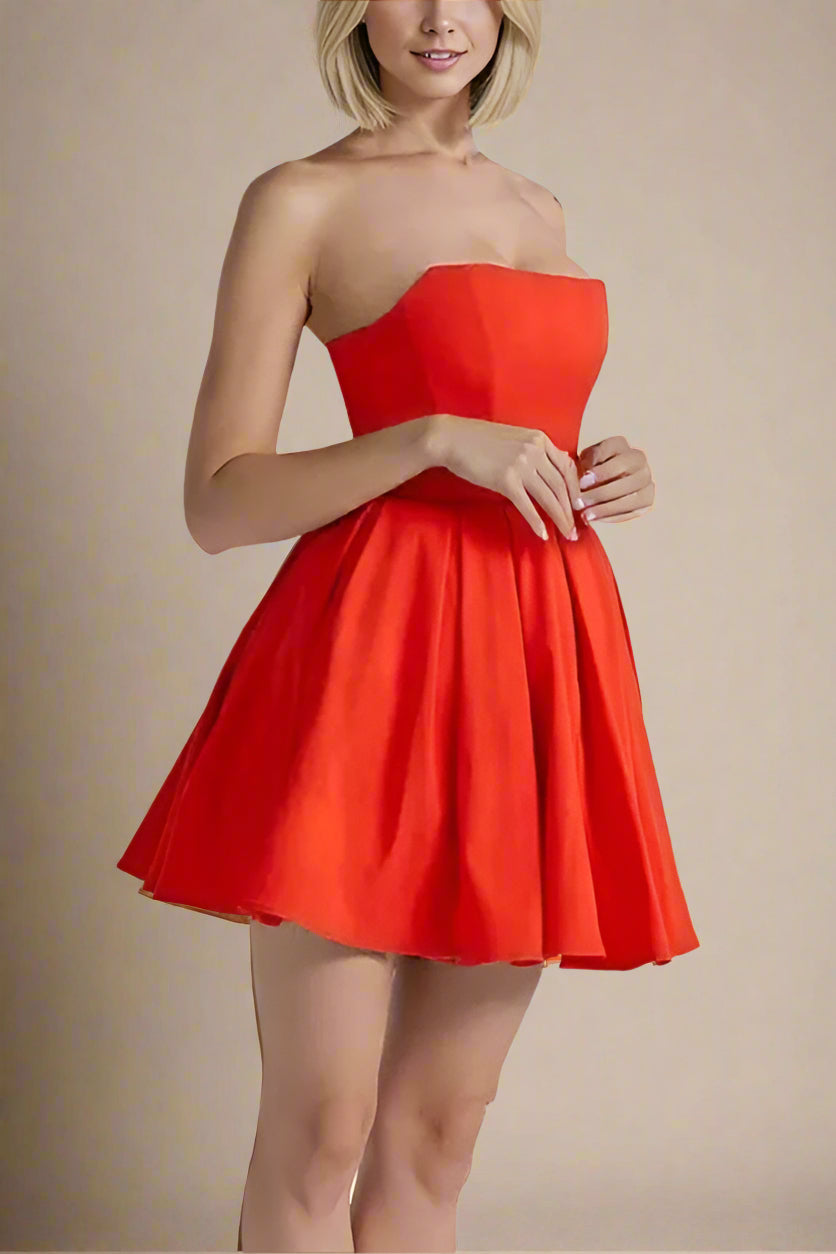 Woman wearing a figure flattering Capri Bodycon Strapless Mini Dress - Lipstick Red BODYCON COLLECTION