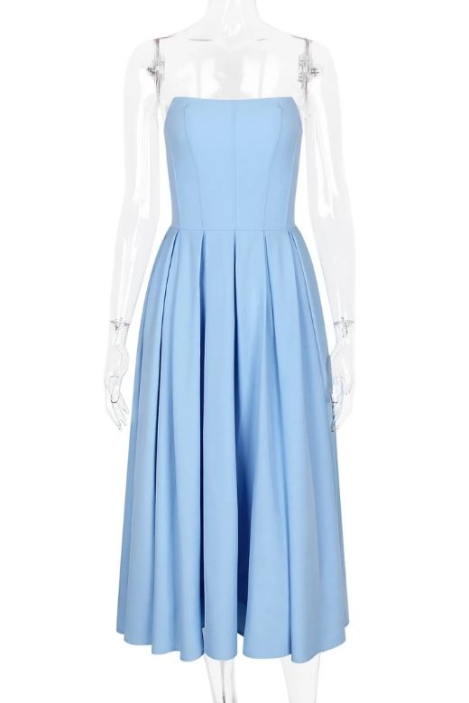 Woman wearing a figure flattering Capri Strapless Midi Dress - Sky Blue BODYCON COLLECTION