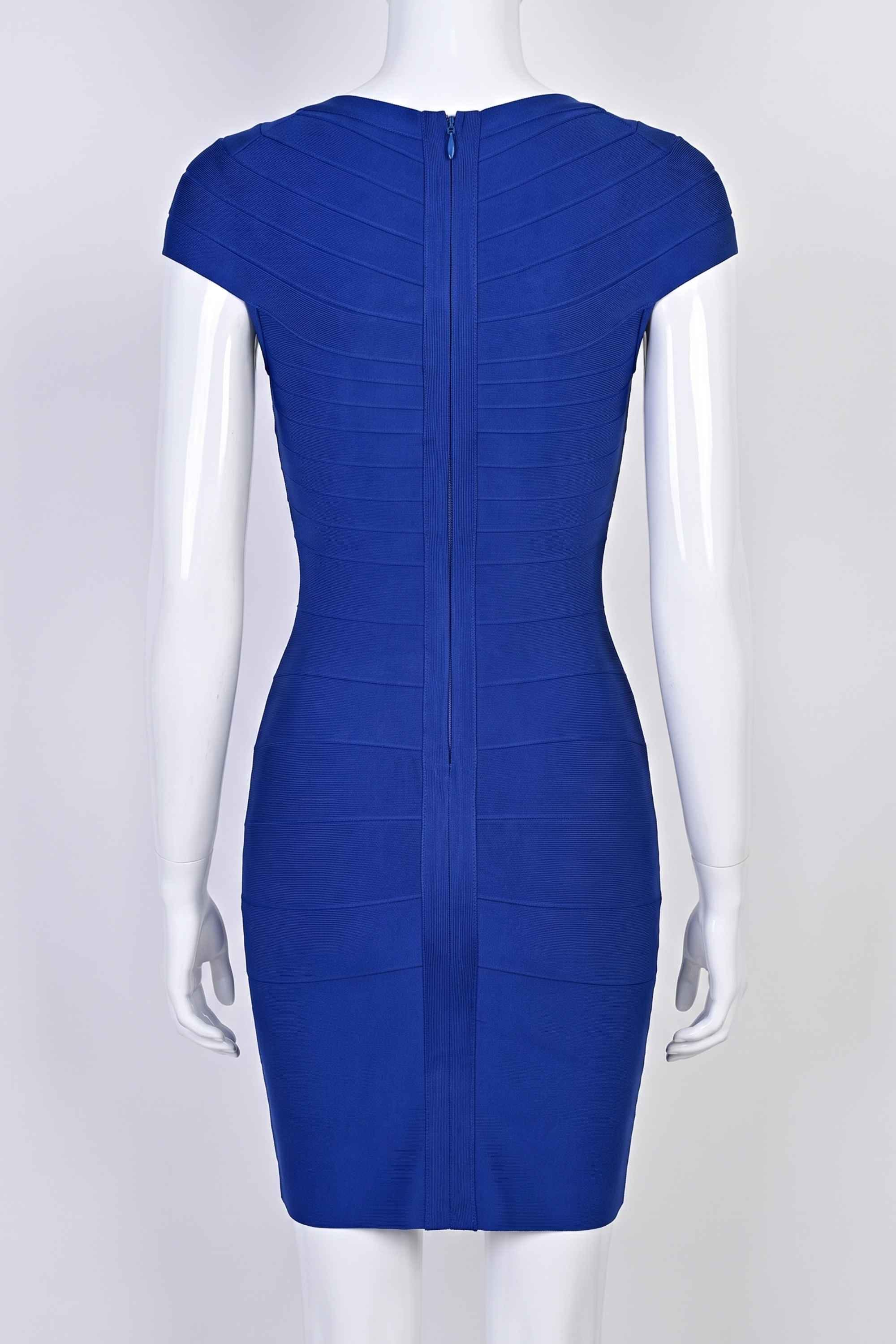 Woman wearing a figure flattering Celine Bandage Mini Dress - Navy Blue BODYCON COLLECTION Pty Ltd
