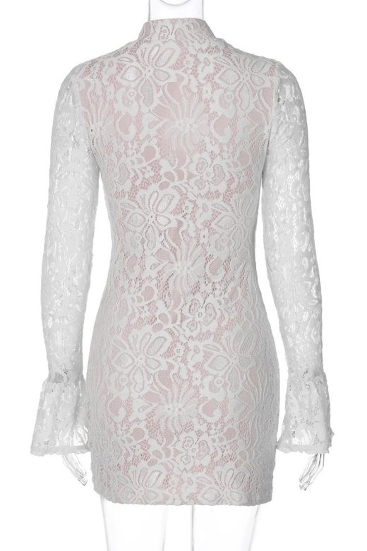 Woman wearing a figure flattering Charlotte Long Sleeve Bodycon Mini Dress - Cream BODYCON COLLECTION