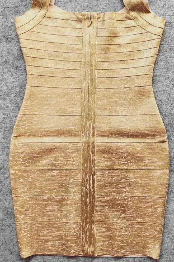 Woman wearing a figure flattering Ciara Bandage Mini Dress - Gold BODYCON COLLECTION