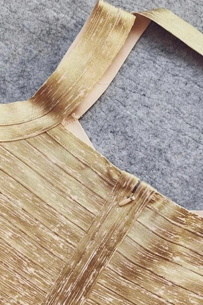 Woman wearing a figure flattering Ciara Bandage Mini Dress - Gold BODYCON COLLECTION