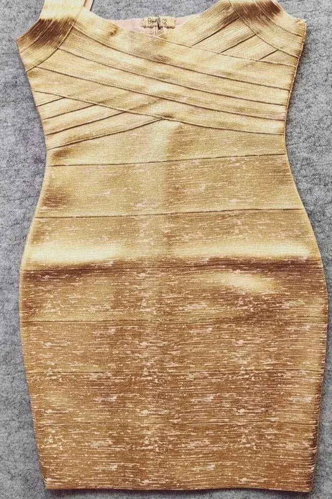 Woman wearing a figure flattering Ciara Bandage Mini Dress - Gold BODYCON COLLECTION