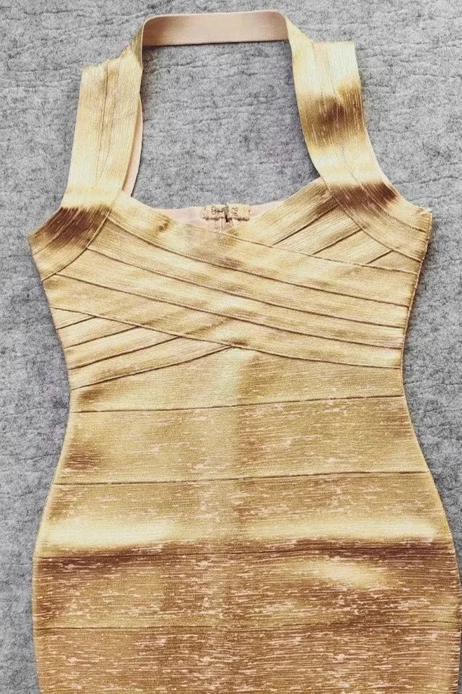 Woman wearing a figure flattering Ciara Bandage Mini Dress - Gold BODYCON COLLECTION