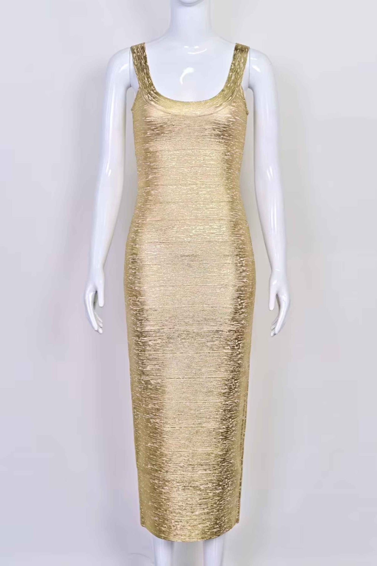 Woman wearing a figure flattering Cindy Bandage Maxi Dress - Gold BODYCON COLLECTION Pty Ltd